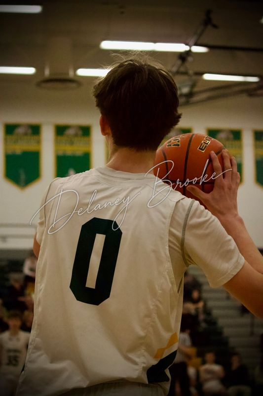A basketball player seen from behind at the sideline, holding the ball at his shoulder before the inbound.