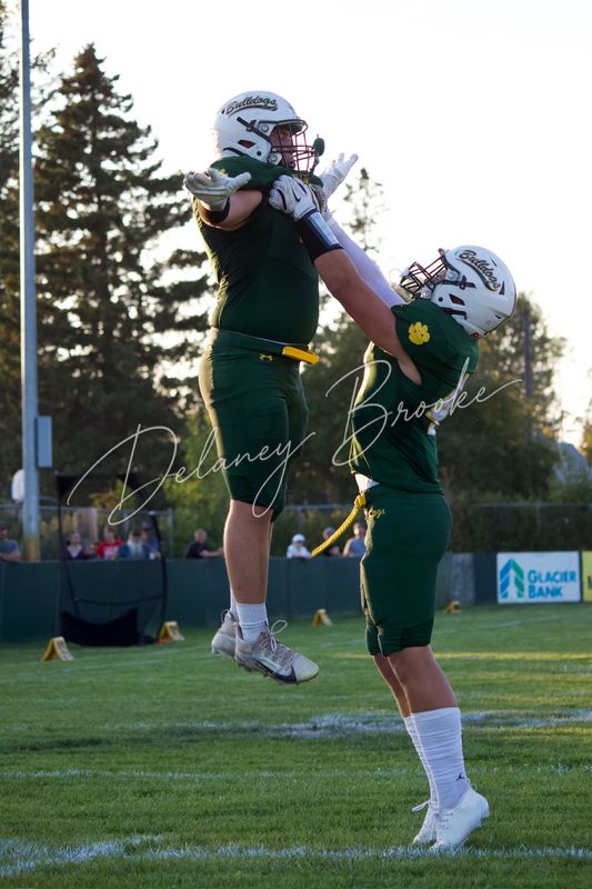 Two football players celebrating, one leaping into the other's arms above the sideline.